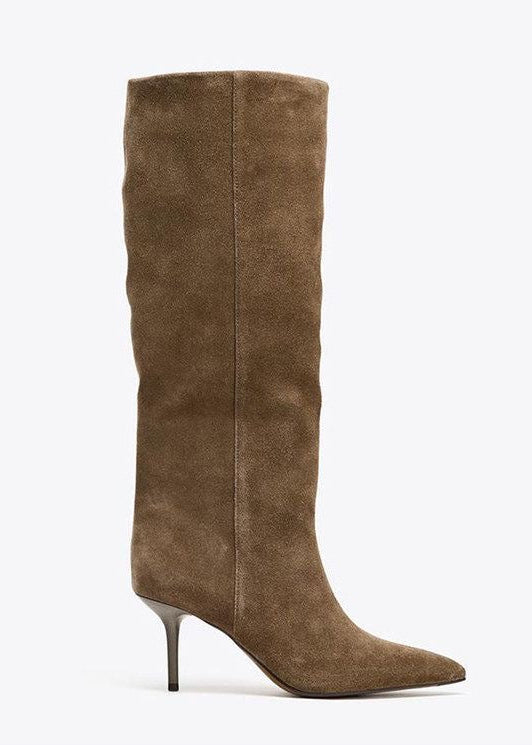 Taupe Suede-Look Knee-High Boots with Pointed Toe and Stiletto Heel