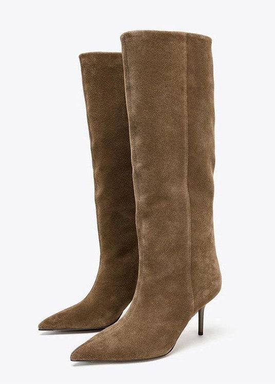 Taupe Suede-Look Knee-High Boots with Pointed Toe and Stiletto Heel