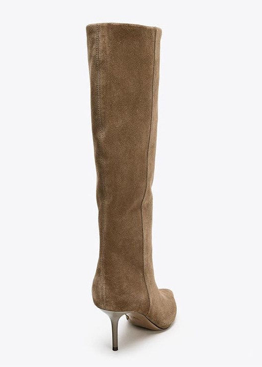 Taupe Suede-Look Knee-High Boots with Pointed Toe and Stiletto Heel
