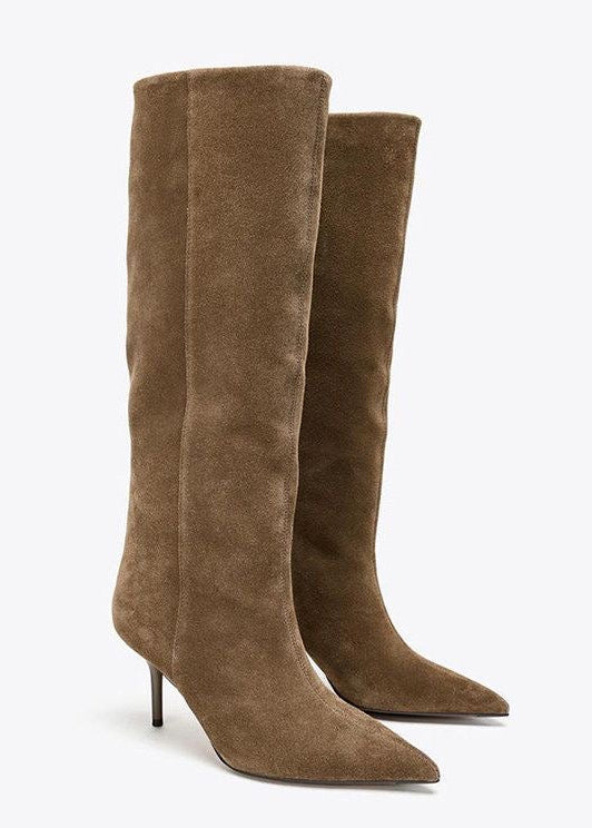 Taupe Suede-Look Knee-High Boots with Pointed Toe and Stiletto Heel