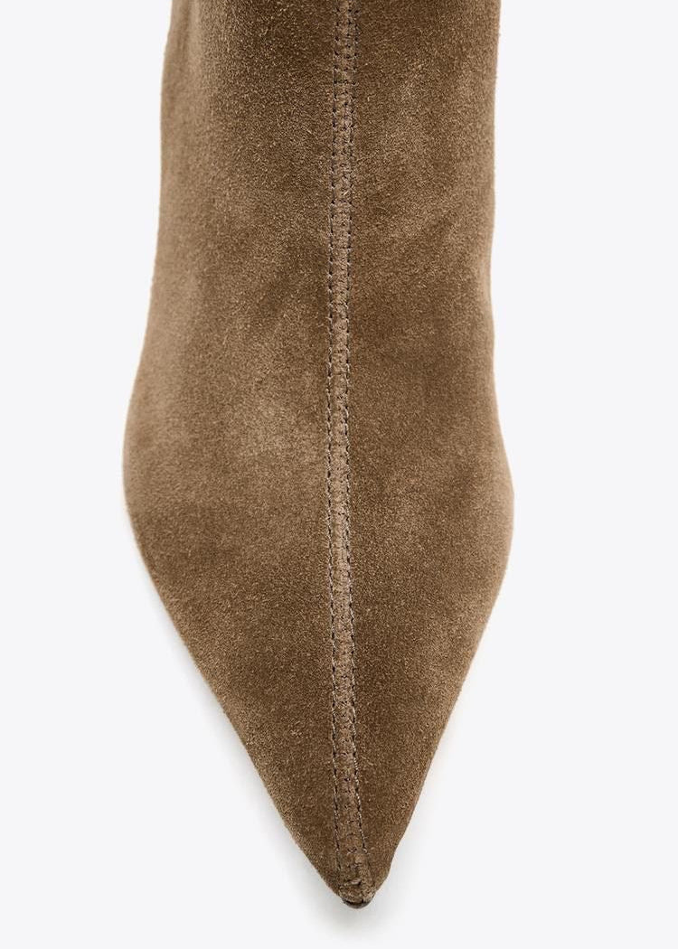 Taupe Suede-Look Knee-High Boots with Pointed Toe and Stiletto Heel
