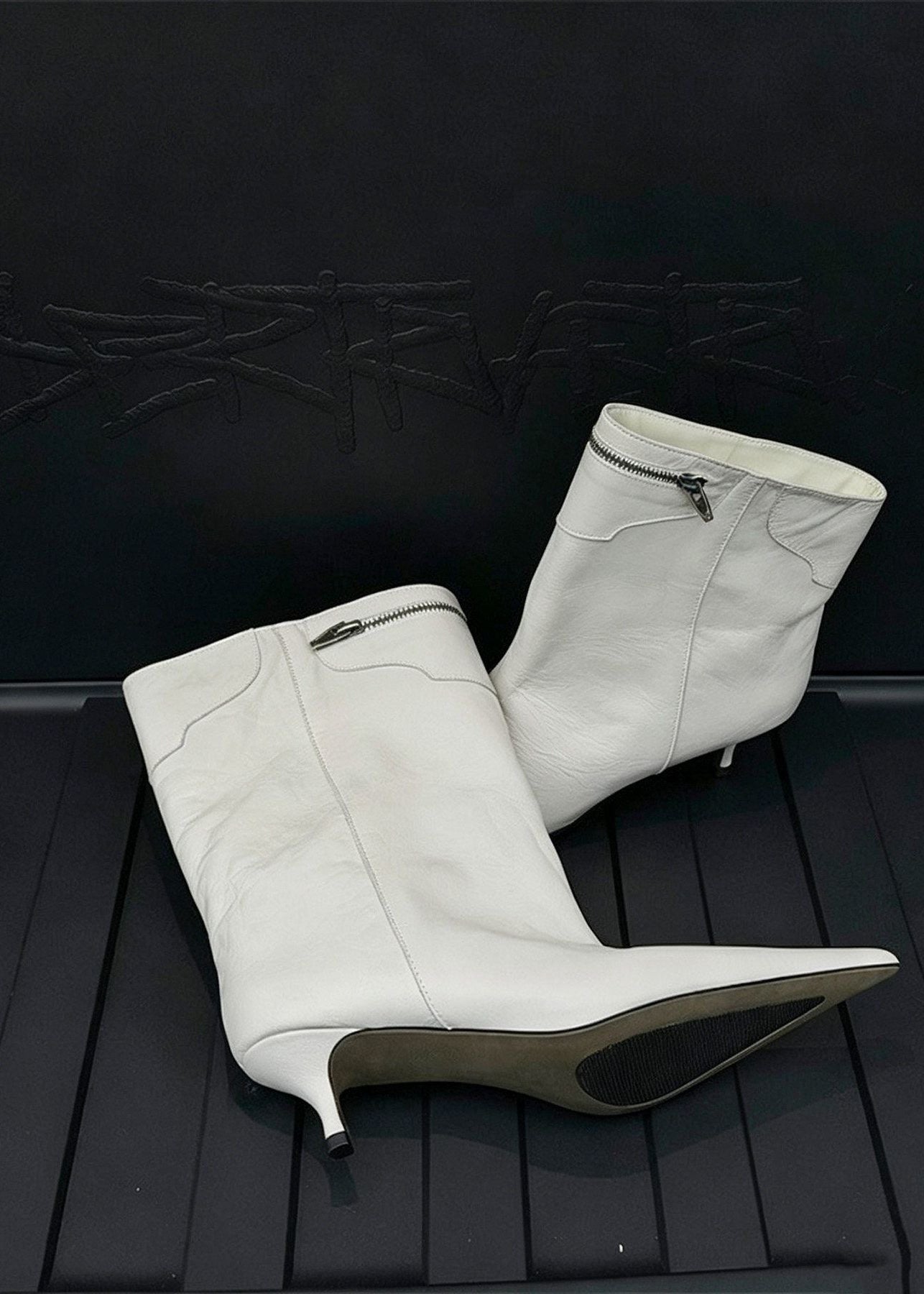 Pointed-Toe Mid-Calf Boots with Kitten Heel and Zip Detail