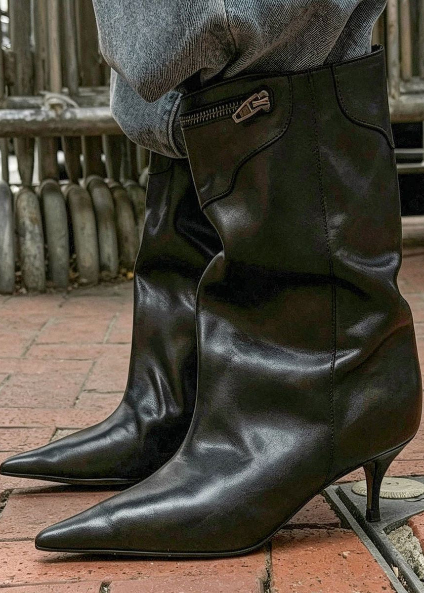Pointed-Toe Mid-Calf Boots with Kitten Heel and Zip Detail
