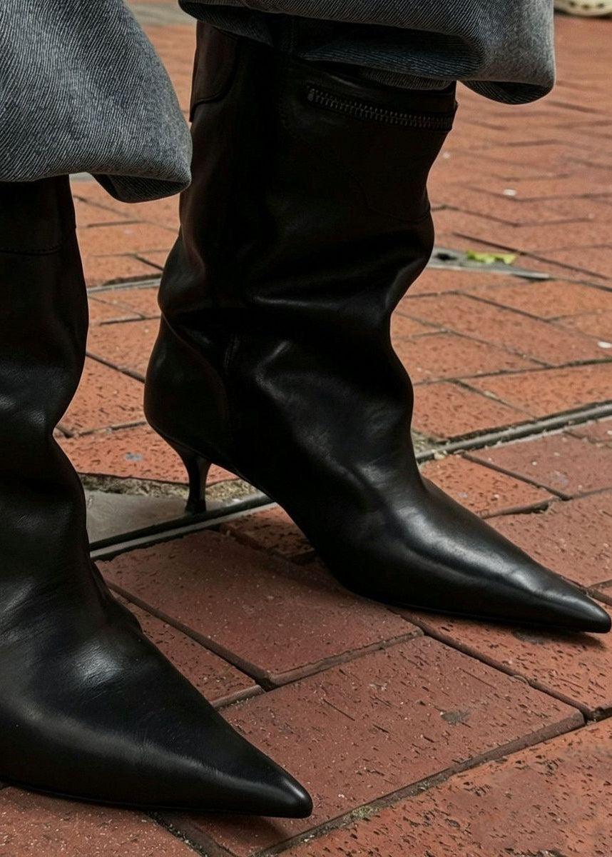Pointed-Toe Mid-Calf Boots with Kitten Heel and Zip Detail