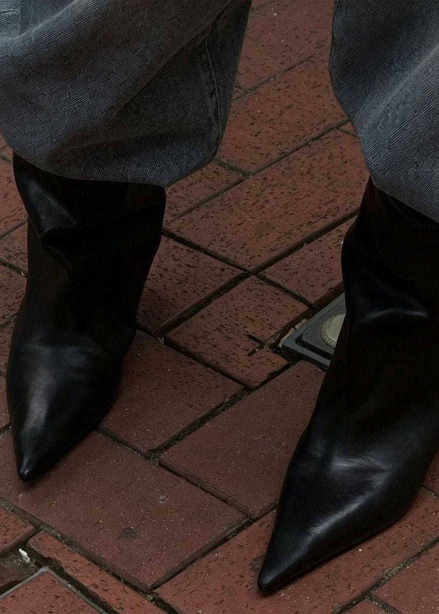 Pointed-Toe Mid-Calf Boots with Kitten Heel and Zip Detail