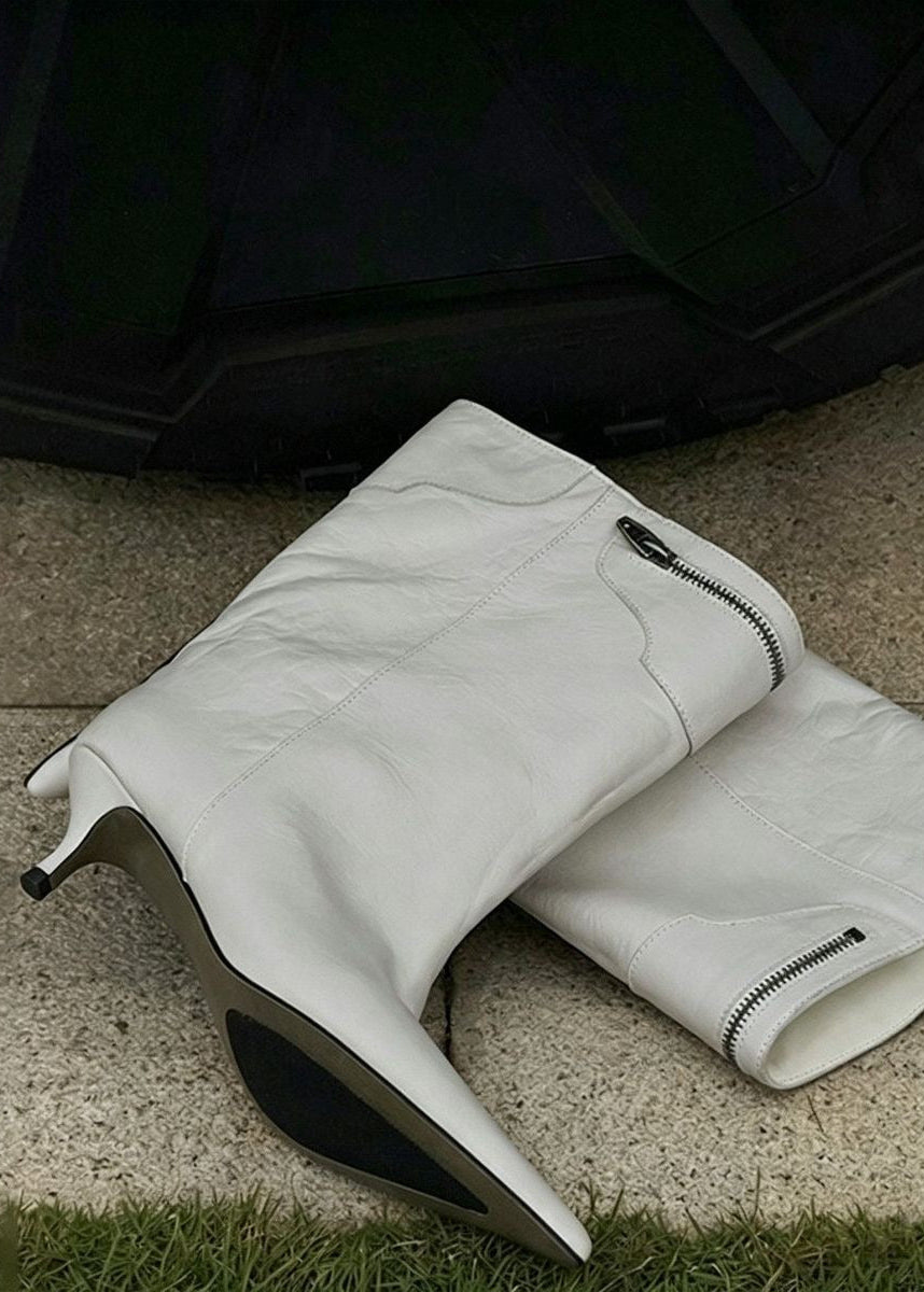 Pointed-Toe Mid-Calf Boots with Kitten Heel and Zip Detail