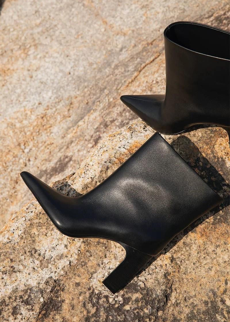Black Pointed-Toe Ankle Boots with Sculpted Block Heel