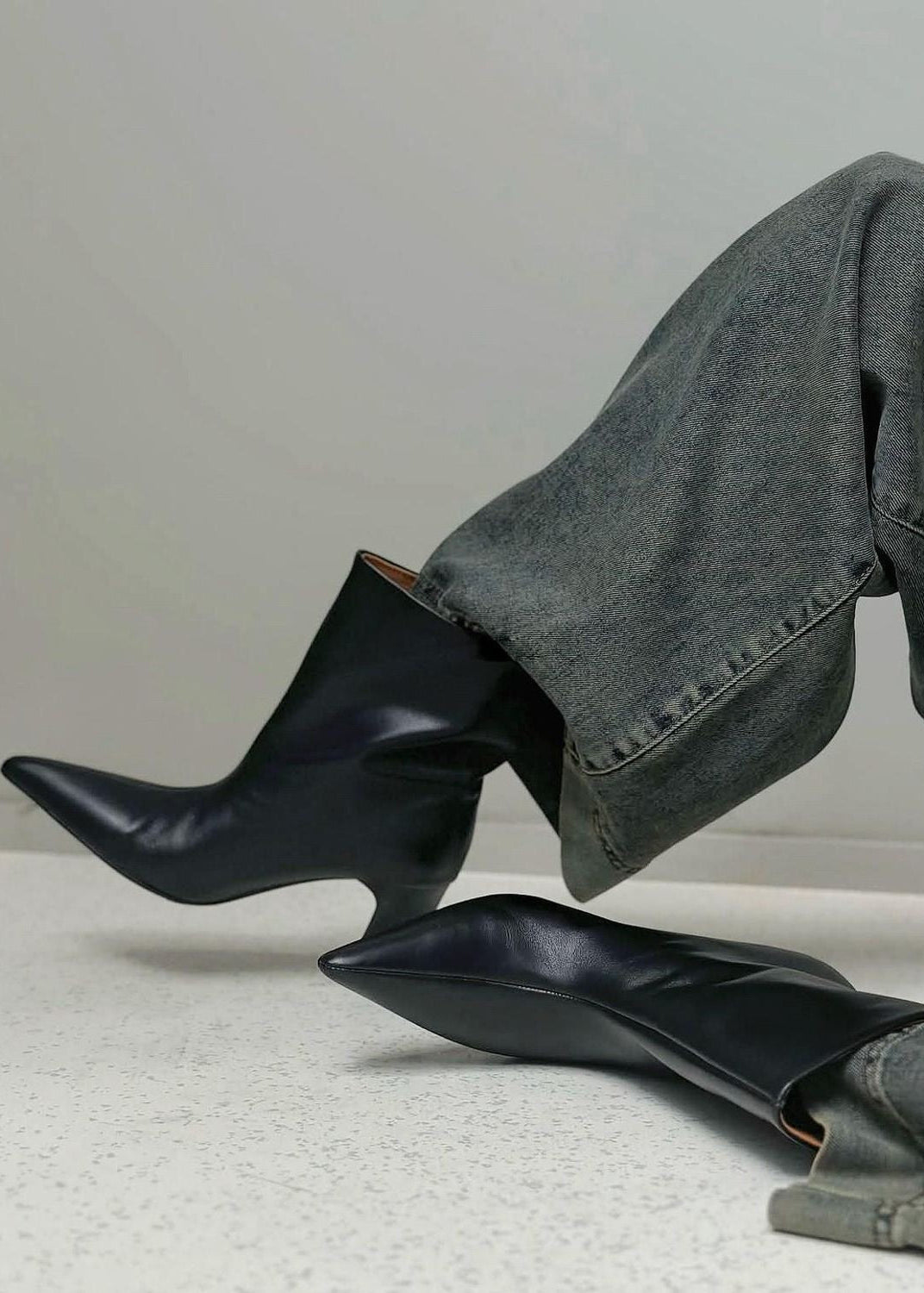 Black Pointed-Toe Ankle Boots with Sculpted Block Heel