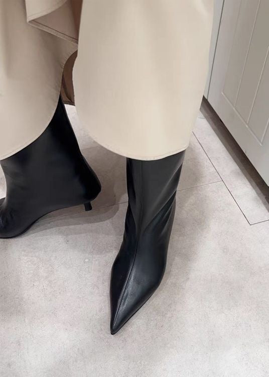 Black Pointed-Toe Kitten Heel Ankle Boots