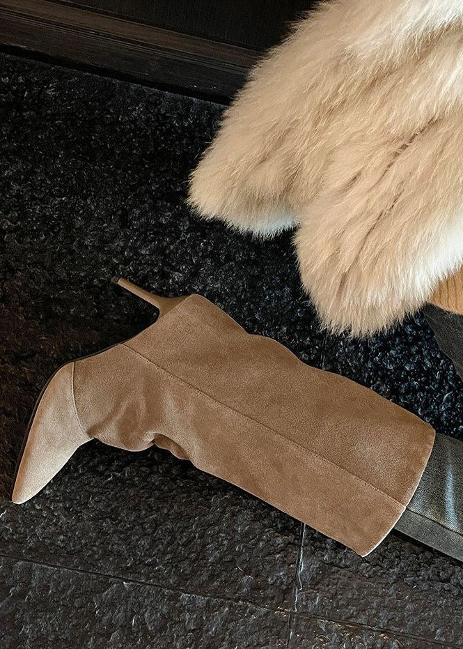 Taupe Suede-Look Pointed-Toe Mid-Calf Boots with Stiletto Heel