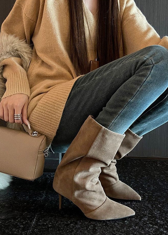 Taupe Suede-Look Pointed-Toe Mid-Calf Boots with Stiletto Heel
