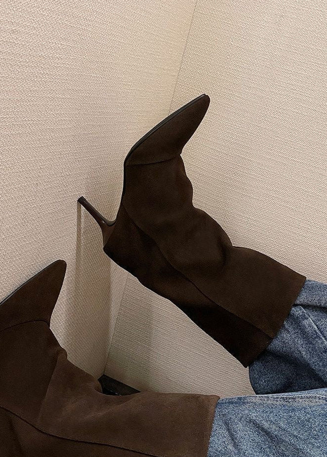 Taupe Suede-Look Pointed-Toe Mid-Calf Boots with Stiletto Heel