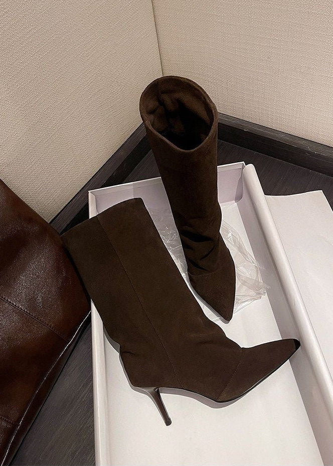 Taupe Suede-Look Pointed-Toe Mid-Calf Boots with Stiletto Heel