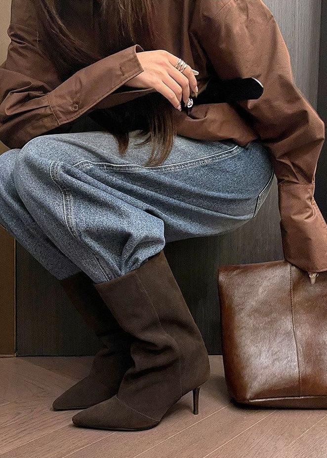 Taupe Suede-Look Pointed-Toe Mid-Calf Boots with Stiletto Heel