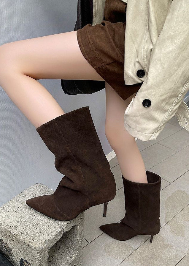Taupe Suede-Look Pointed-Toe Mid-Calf Boots with Stiletto Heel