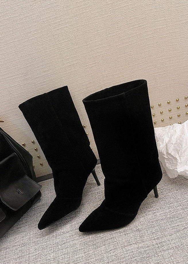 Taupe Suede-Look Pointed-Toe Mid-Calf Boots with Stiletto Heel