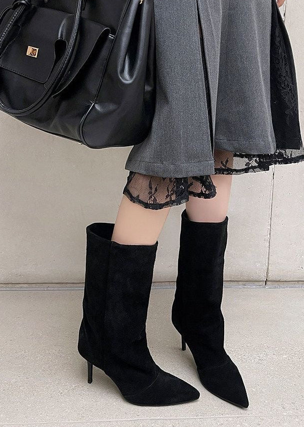Taupe Suede-Look Pointed-Toe Mid-Calf Boots with Stiletto Heel