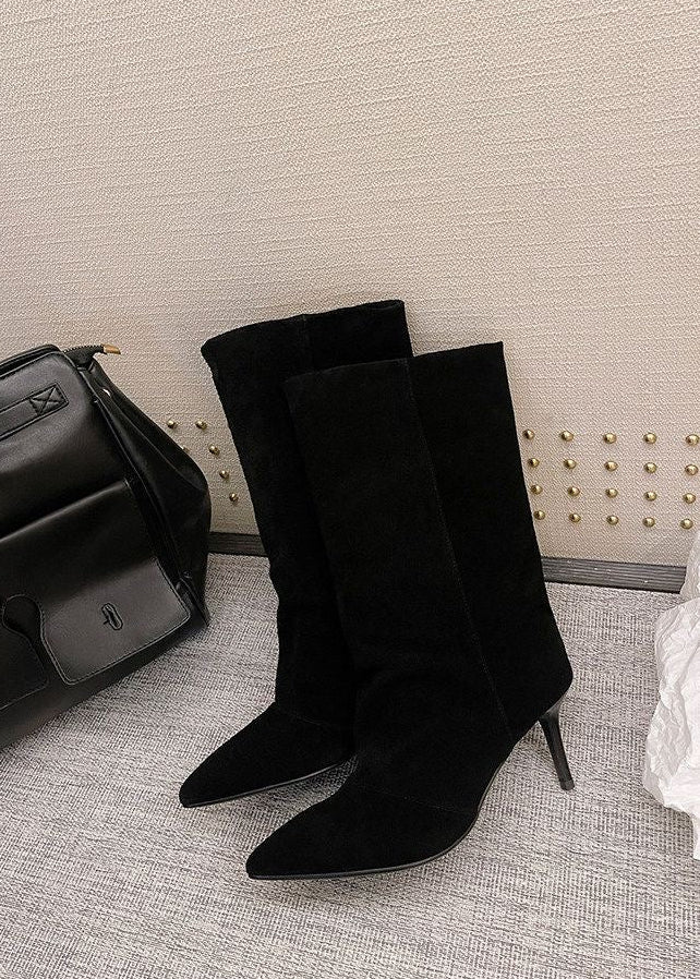 Taupe Suede-Look Pointed-Toe Mid-Calf Boots with Stiletto Heel