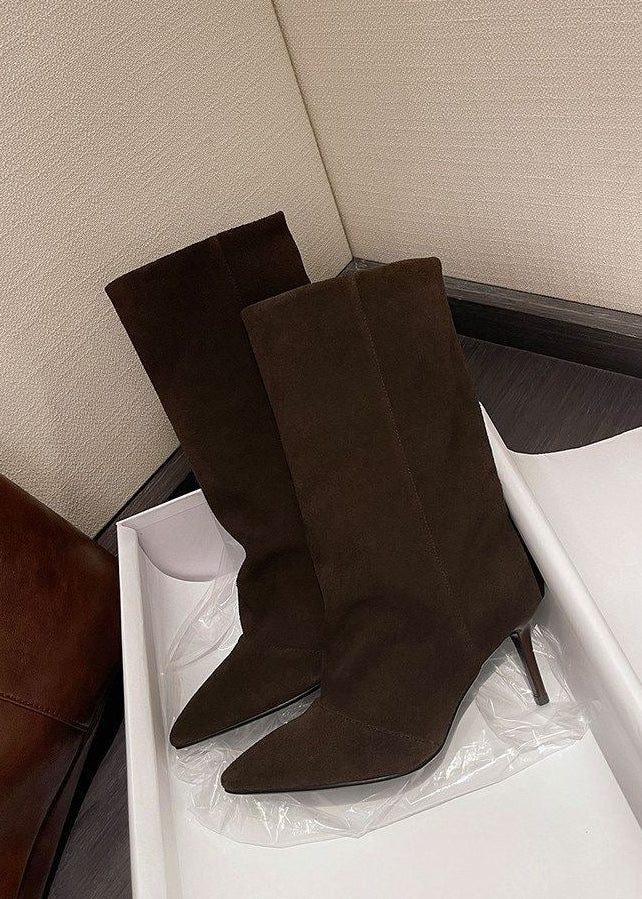 Taupe Suede-Look Pointed-Toe Mid-Calf Boots with Stiletto Heel