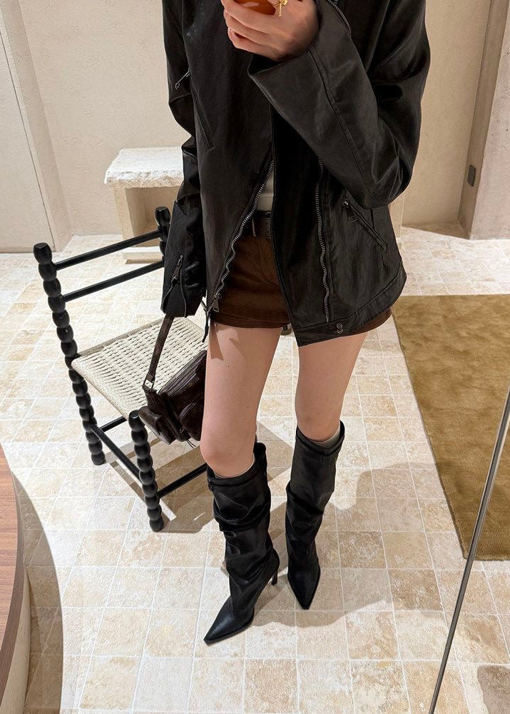 Gray Suede-Look Slouchy Knee-High Boots with Buckle Strap