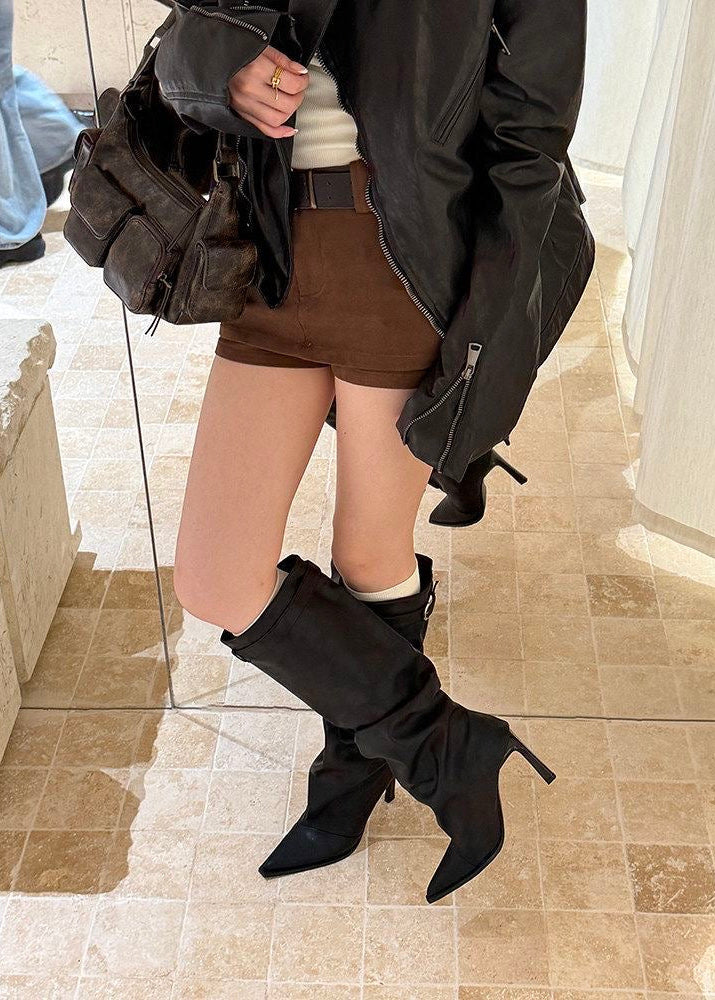 Gray Suede-Look Slouchy Knee-High Boots with Buckle Strap