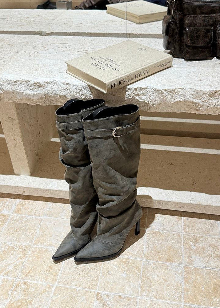 Gray Suede-Look Slouchy Knee-High Boots with Buckle Strap
