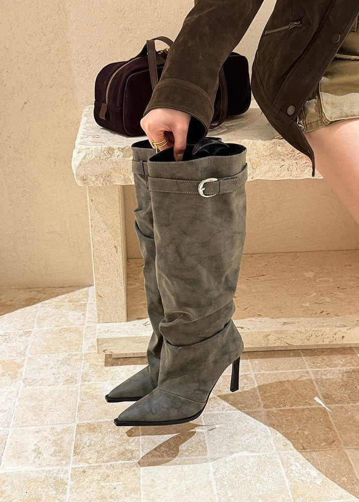 Gray Suede-Look Slouchy Knee-High Boots with Buckle Strap