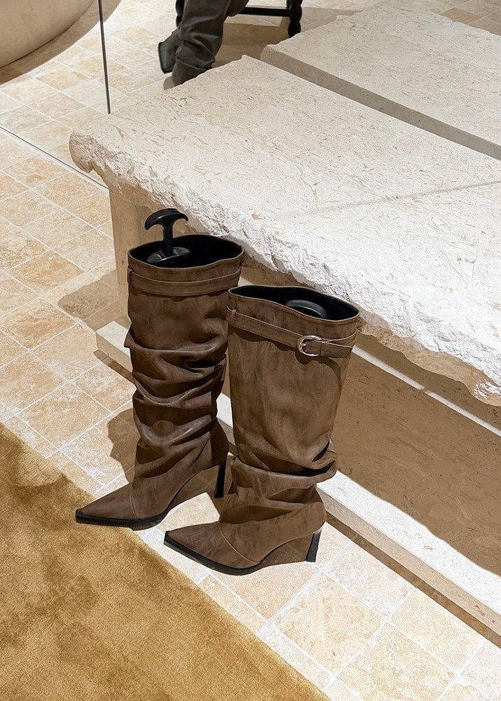 Gray Suede-Look Slouchy Knee-High Boots with Buckle Strap