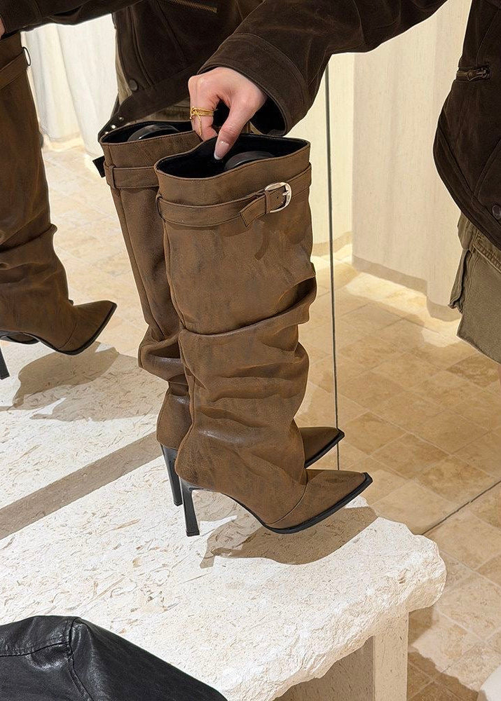 Gray Suede-Look Slouchy Knee-High Boots with Buckle Strap