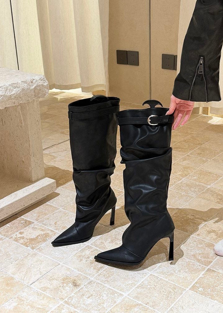 Gray Suede-Look Slouchy Knee-High Boots with Buckle Strap