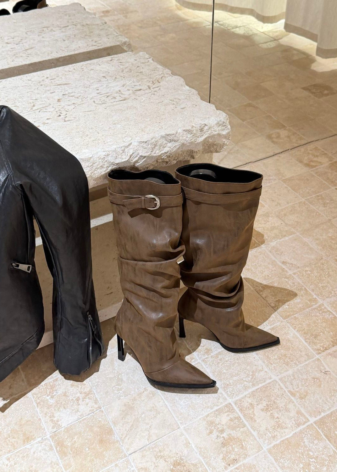 Gray Suede-Look Slouchy Knee-High Boots with Buckle Strap