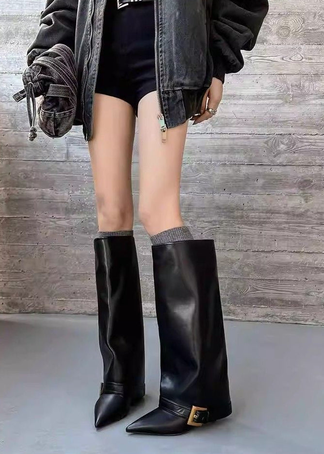 Black Pointed-Toe Knee-High Boots with Buckle Strap