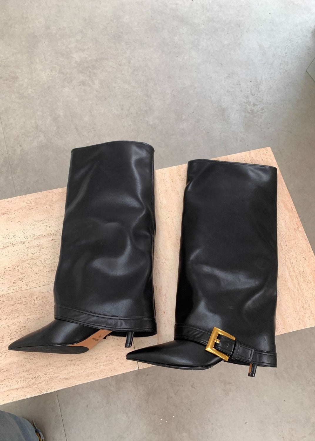 Black Pointed-Toe Knee-High Boots with Buckle Strap