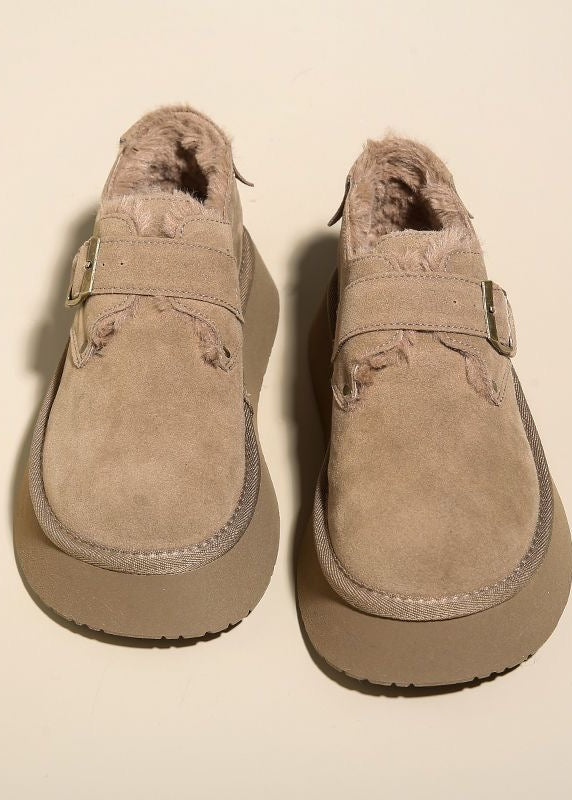 Suede-Look Platform Buckle Shoes with Plush Trim