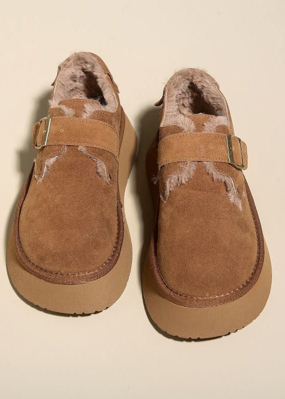 Suede-Look Platform Buckle Shoes with Plush Trim