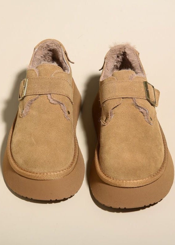 Suede-Look Platform Buckle Shoes with Plush Trim