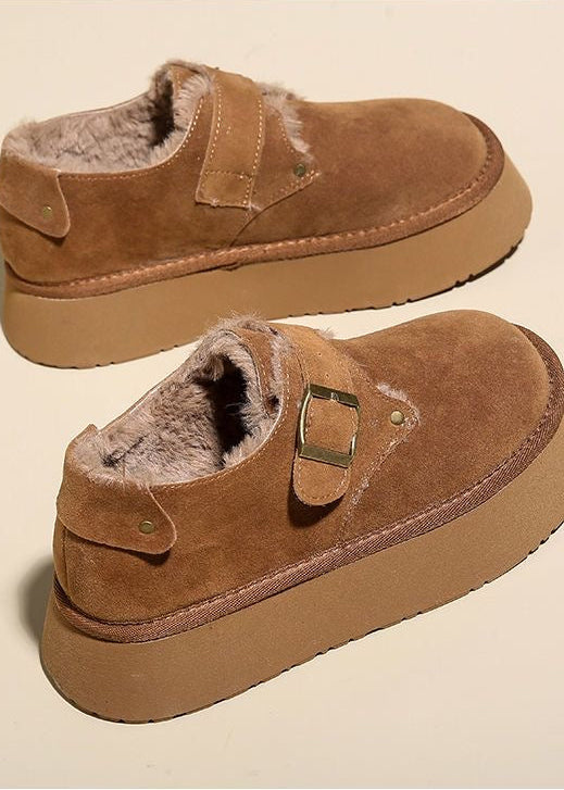 Suede-Look Platform Buckle Shoes with Plush Trim