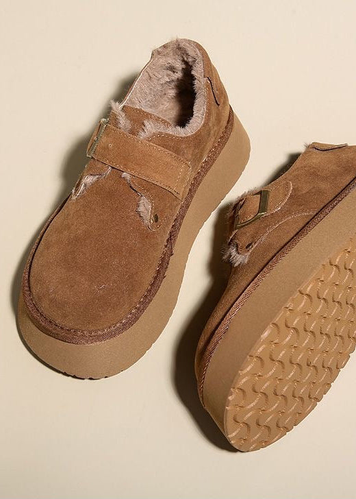 Suede-Look Platform Buckle Shoes with Plush Trim