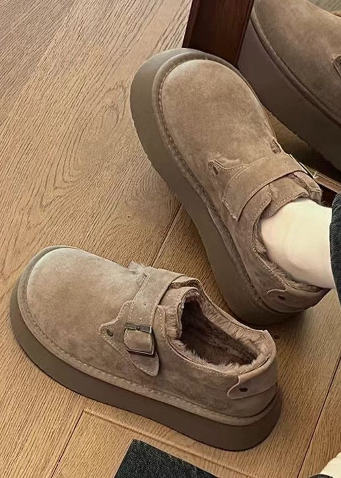 Suede-Look Platform Buckle Shoes with Plush Trim