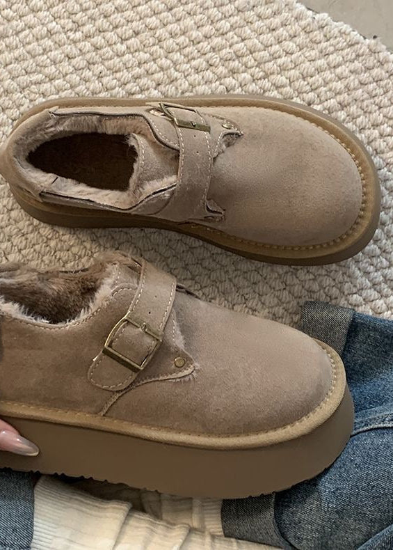 Suede-Look Platform Buckle Shoes with Plush Trim