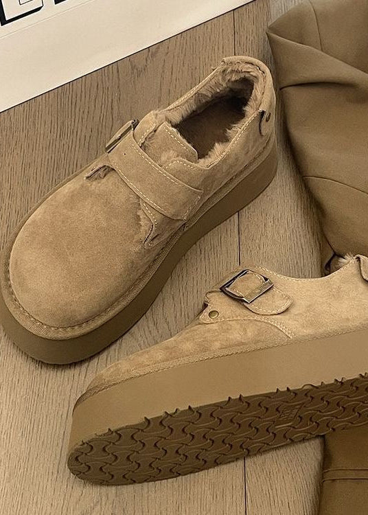 Suede-Look Platform Buckle Shoes with Plush Trim