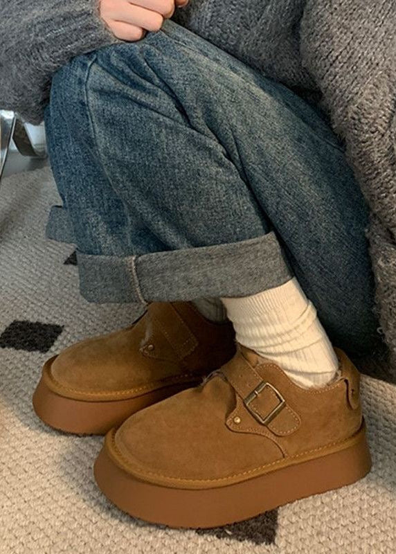 Suede-Look Platform Buckle Shoes with Plush Trim