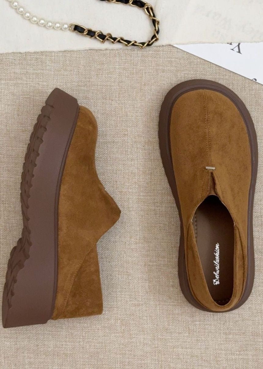 Brown Suede-Look Platform Slip-On Shoes with Chunky Tread