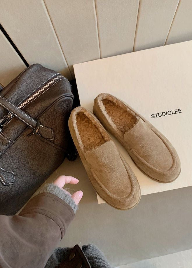Suede-Look Plush-Lined Loafers with Rounded Moc Toe