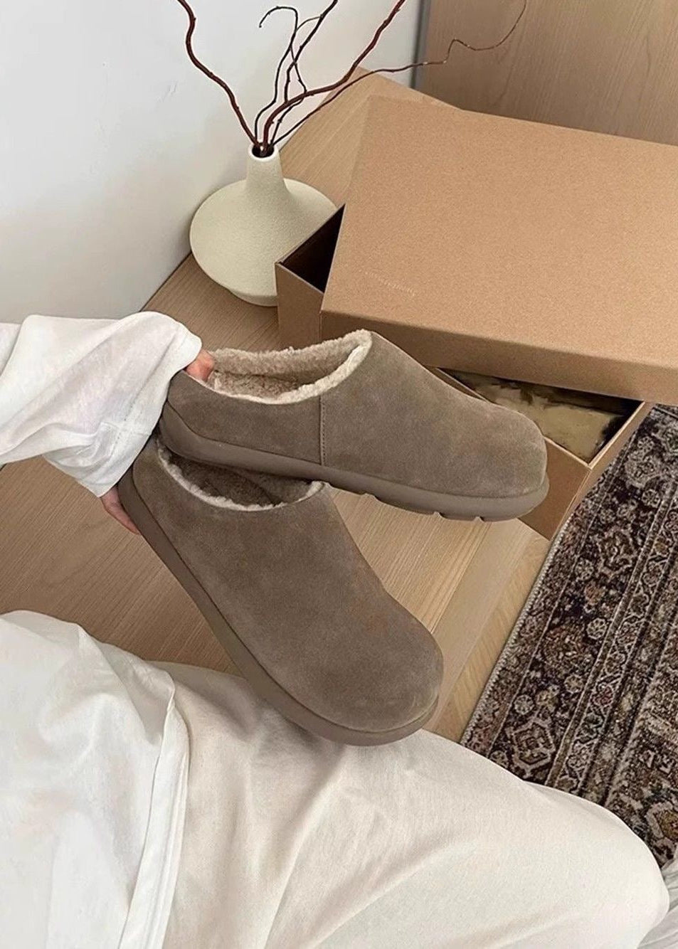 Suede-Look Sherpa-Lined Clog Slippers