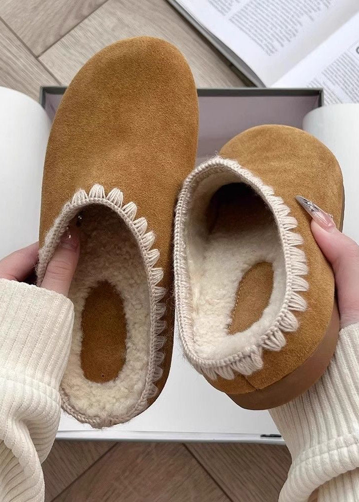 Suede-Look Fleece Lined Slippers with Contrast Stitch Trim