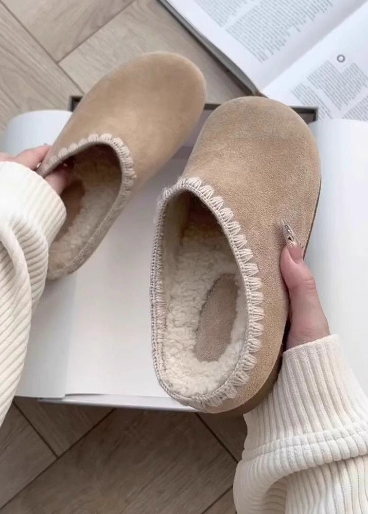 Suede-Look Fleece Lined Slippers with Contrast Stitch Trim