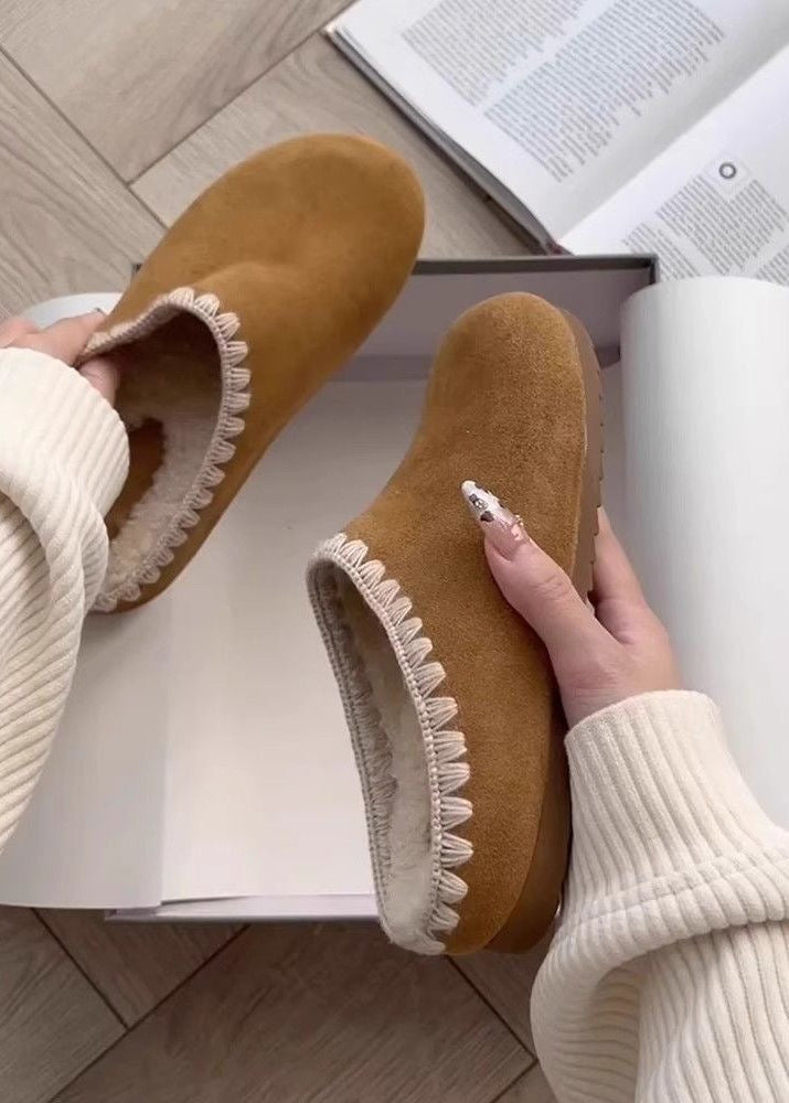 Suede-Look Fleece Lined Slippers with Contrast Stitch Trim