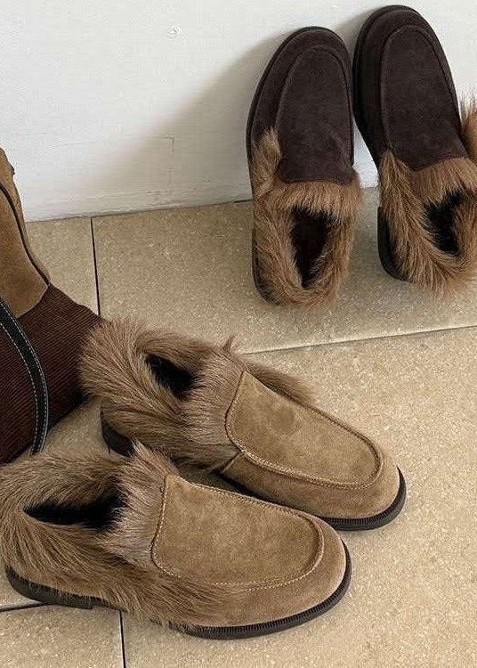 Suede Leather Loafers with Plush Fur Trim and Low Heel