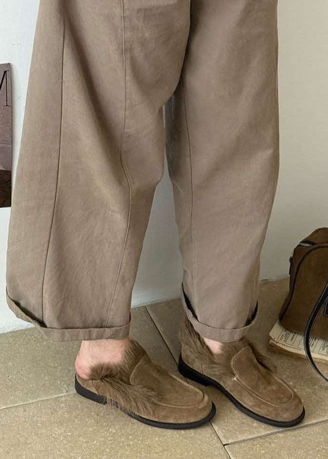 Suede Leather Loafers with Plush Fur Trim and Low Heel